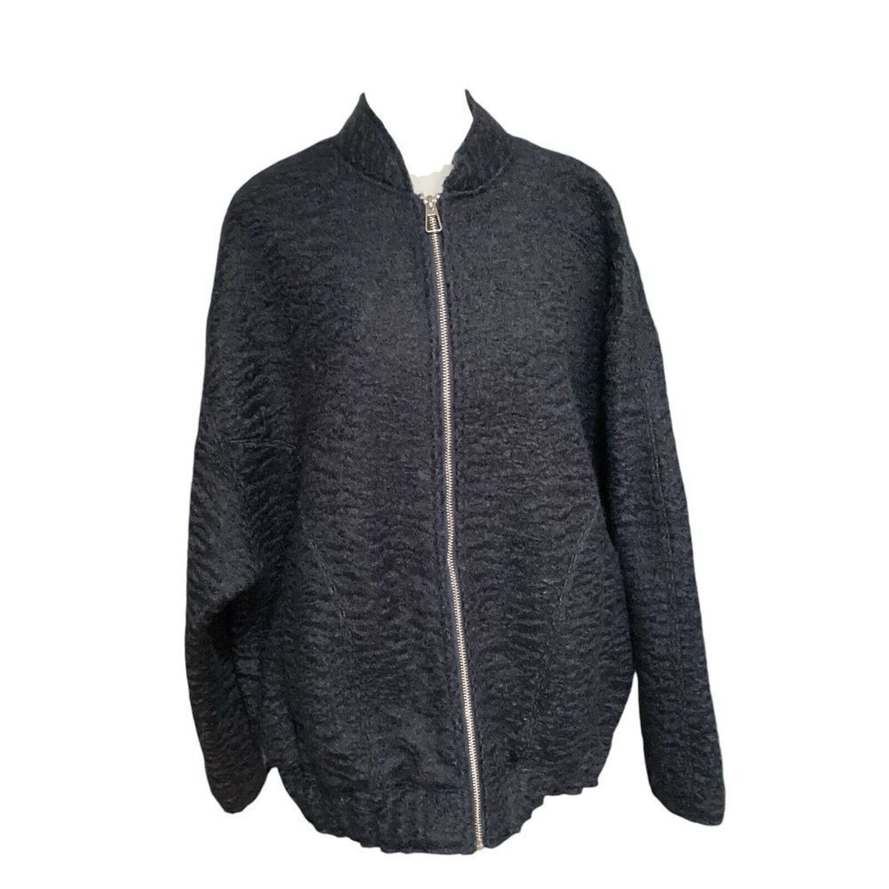 Zara Textured Bomber Jacket Dark Grey Wool Blend Full Zip Oversized Mens Large